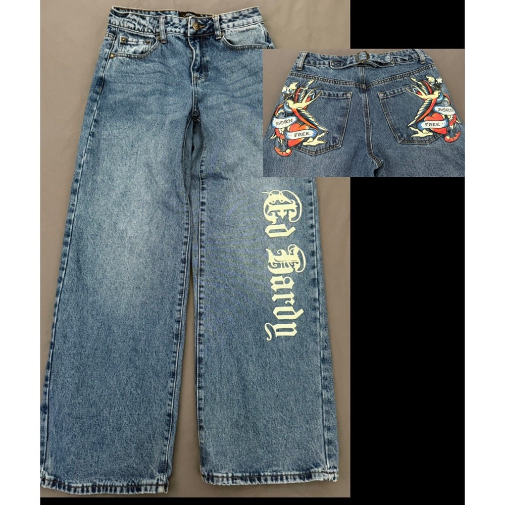 Ed Hardy Jeans Women's Size 26 Loose Fit Wide Leg Born Free Baggy Retro Graphic